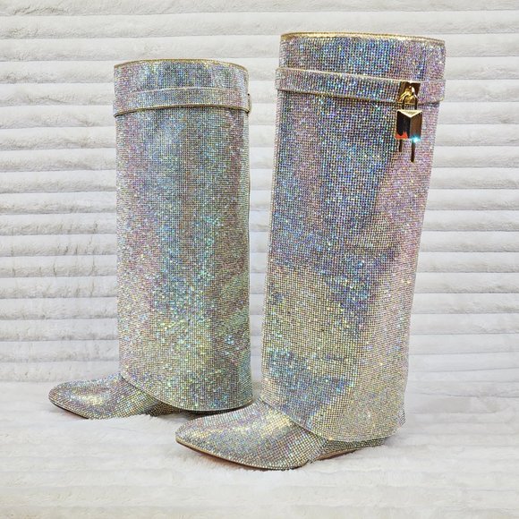 Super Sparkle Sharky Skirted Fold Over Wedge Heel Knee Boots - Picture 5 of 8